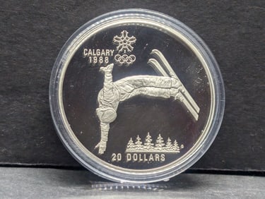1 Oz. STERLING SILVER Canadian Olympic Winter Games XV - 1986 Free Skiing Commem $20 Proof Coin