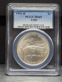 1991-D USO 50th Anniv. Commem Silver Dollar - PCGS MS69