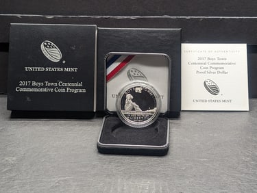 2017-P PROOF Boys Town Centennial Commem Silver Dollar in OGP w/ COA