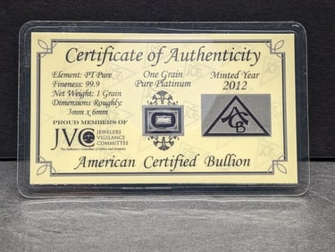 1 Grain .999 PURE PLATINUM Bullion Piece w/ COA