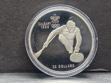 1 Oz. STERLING SILVER Canadian Olympic Winter Games XV - 1987 Ice Curling Commem $20 Proof Coin