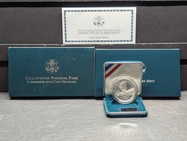 1999-P PROOF Yellowstone National Park Commem Silver Dollar in OGP w/ COA