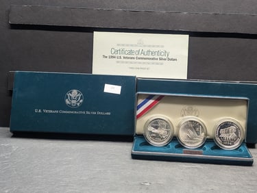 1994-P PROOF U.S. Veterans Commem 3-Coin Silver Dollar Set in OGP w/ COA