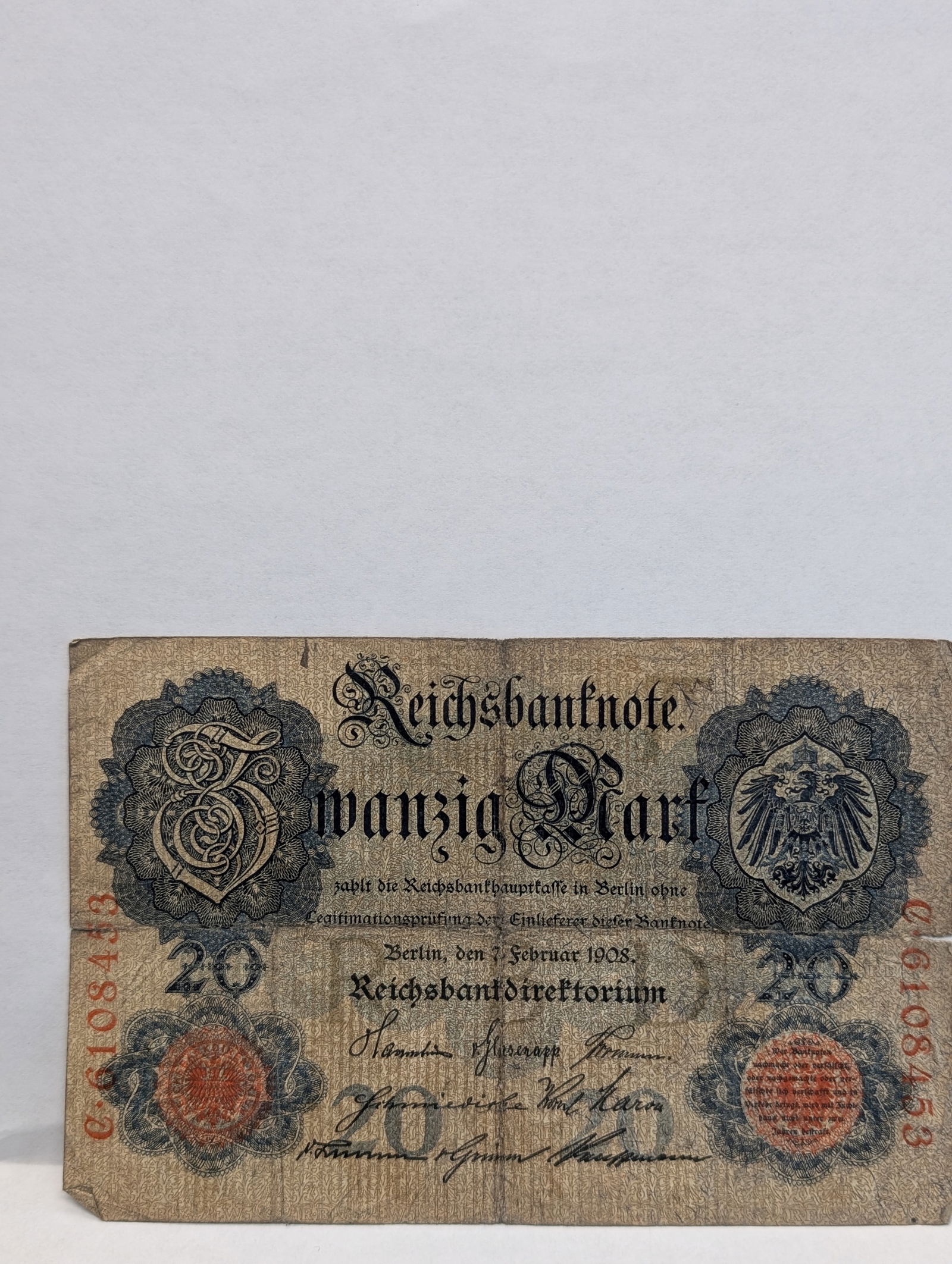 1908 German 20 Reichsbank Note. Rare (1 of 2)