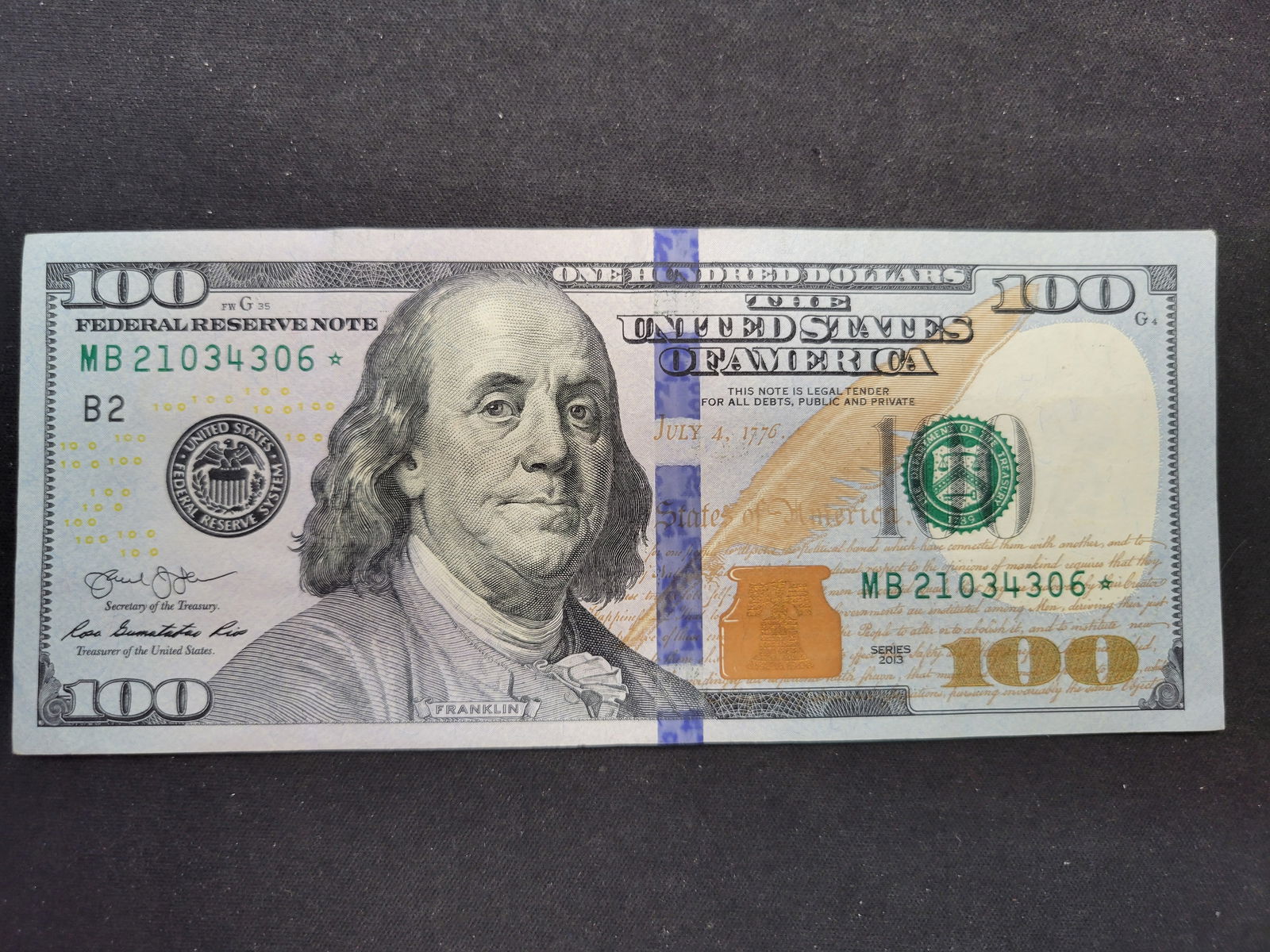 2013 - $100 F.R. Star Note Off Center Cut - S.N. MB 21034306 * NYC (1 of 2)