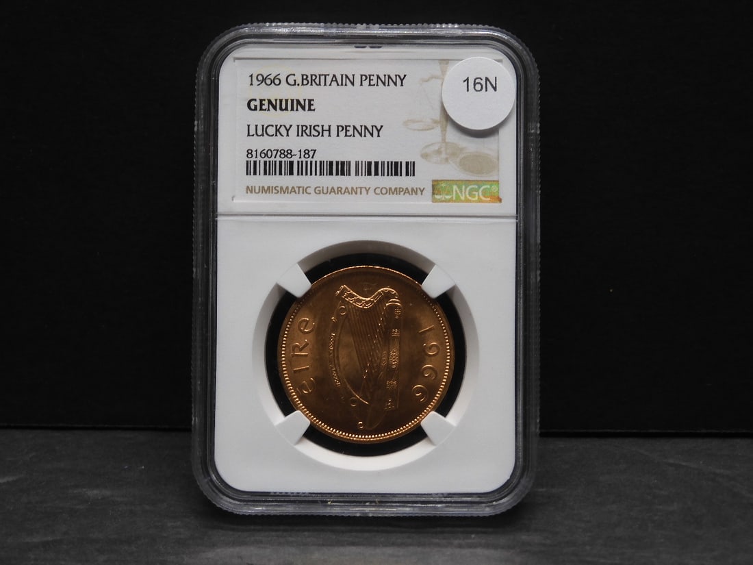 1966 Brilliant Uncirculated Lucky Irish Penny Certified By NGC Graded Co.  OBV: Harp, REV: Hen. (1 of 4)