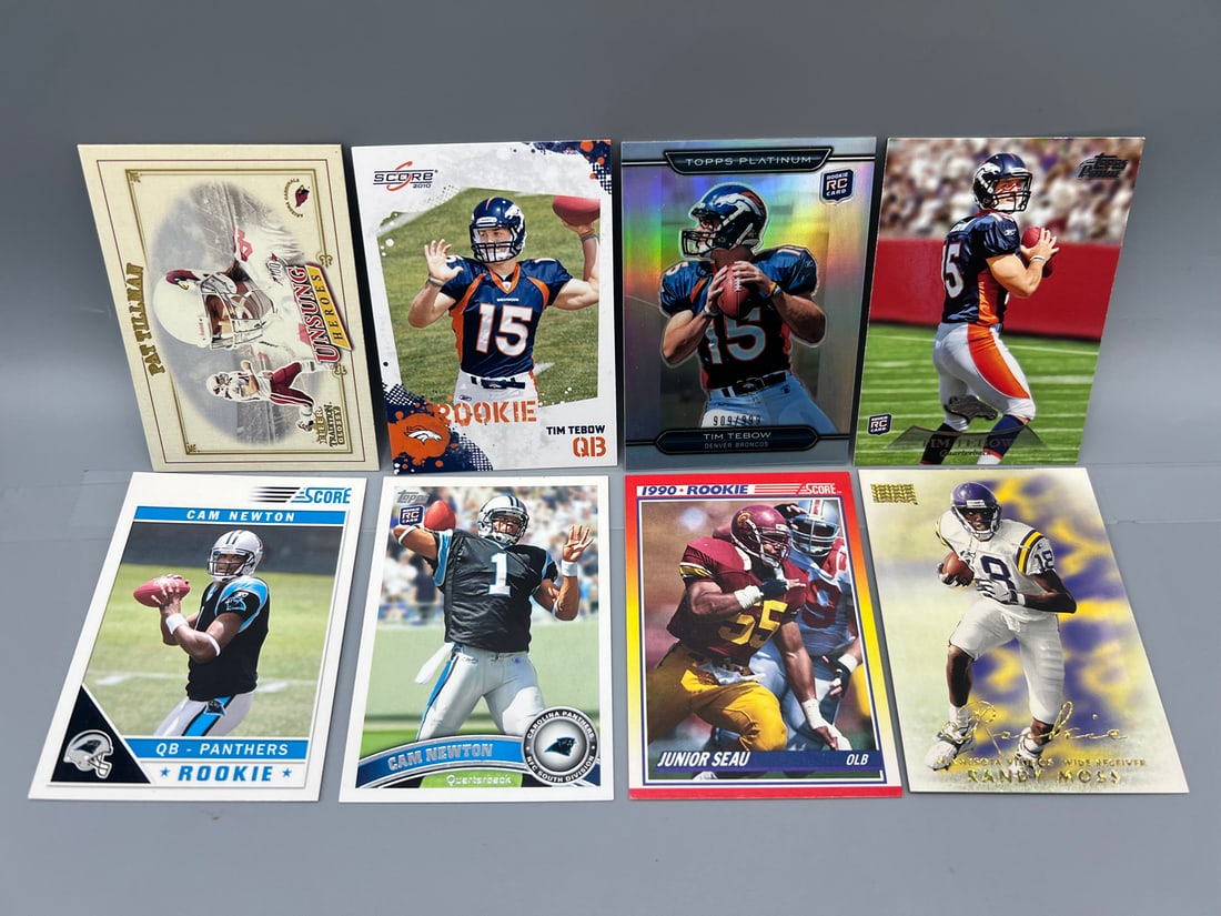 Lot of 8 Football Rookies - Tim Tebow, Cam Newton, Junior Seau, Pat Tillman, Randy Moss (1 of 2)