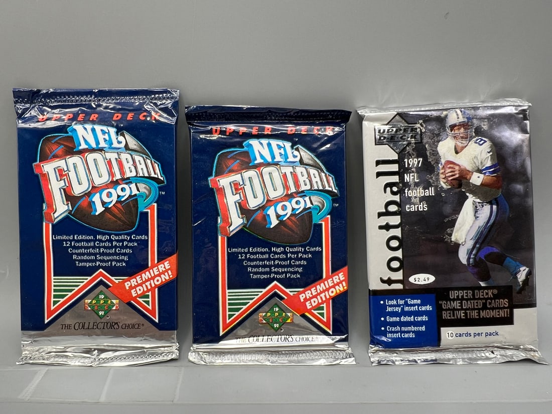Lot of (3) 1991 Upper Deck Football & 1997 Upper Deck Football Unopened Wax Packs (1 of 2)