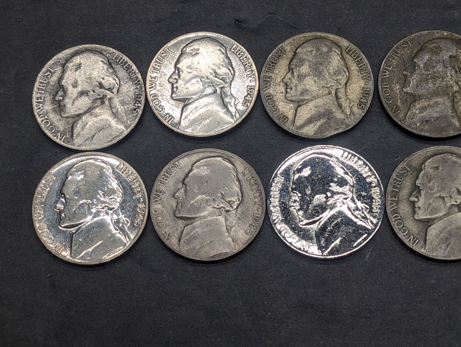 10 - 35% Silver Jefferson War time Nickels, 7- 1945-P & 3 - 1943-P (1 of 2)