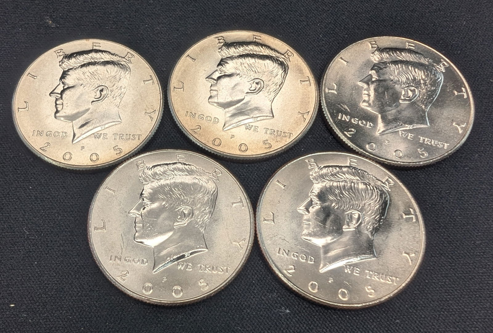 Five 2005-P Unc. Kennedy Half Dollars Clad from a Canvas Mint Bag. (1 of 2)