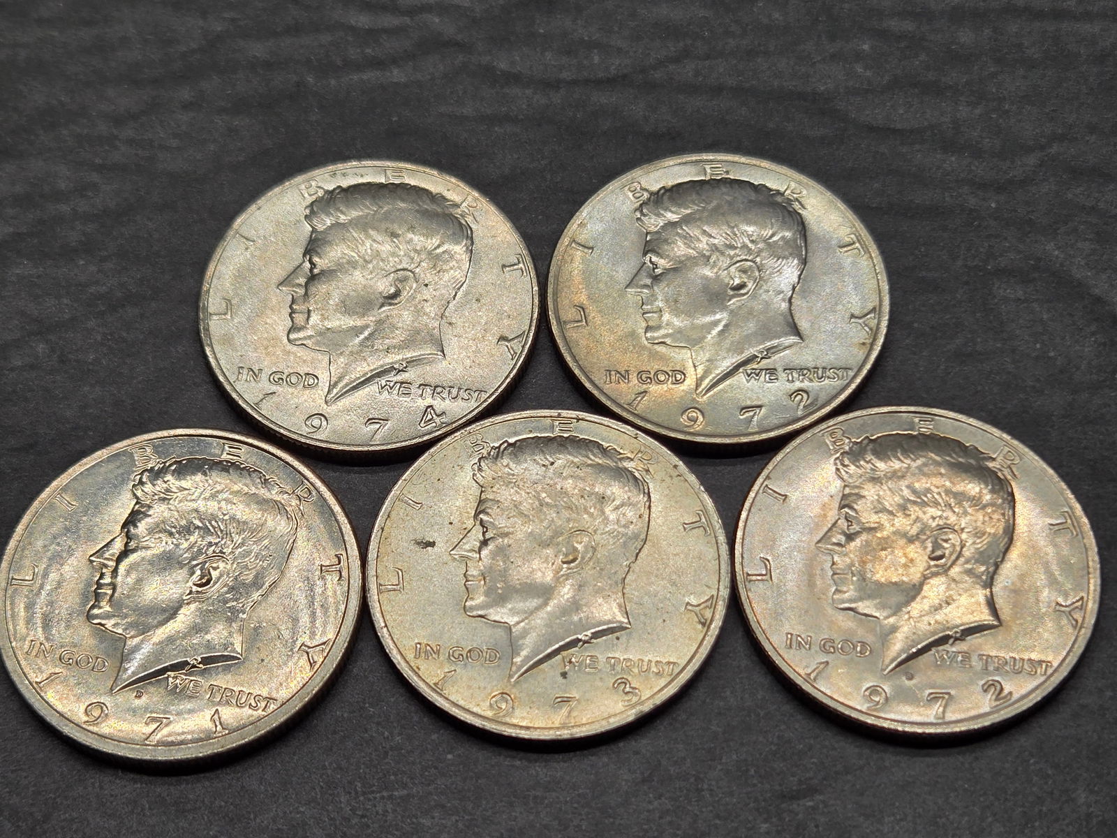 Five Clad Kennedy Half Dollars 1971-D, 1972 P&D, 1973-P, 1974-P (1 of 2)