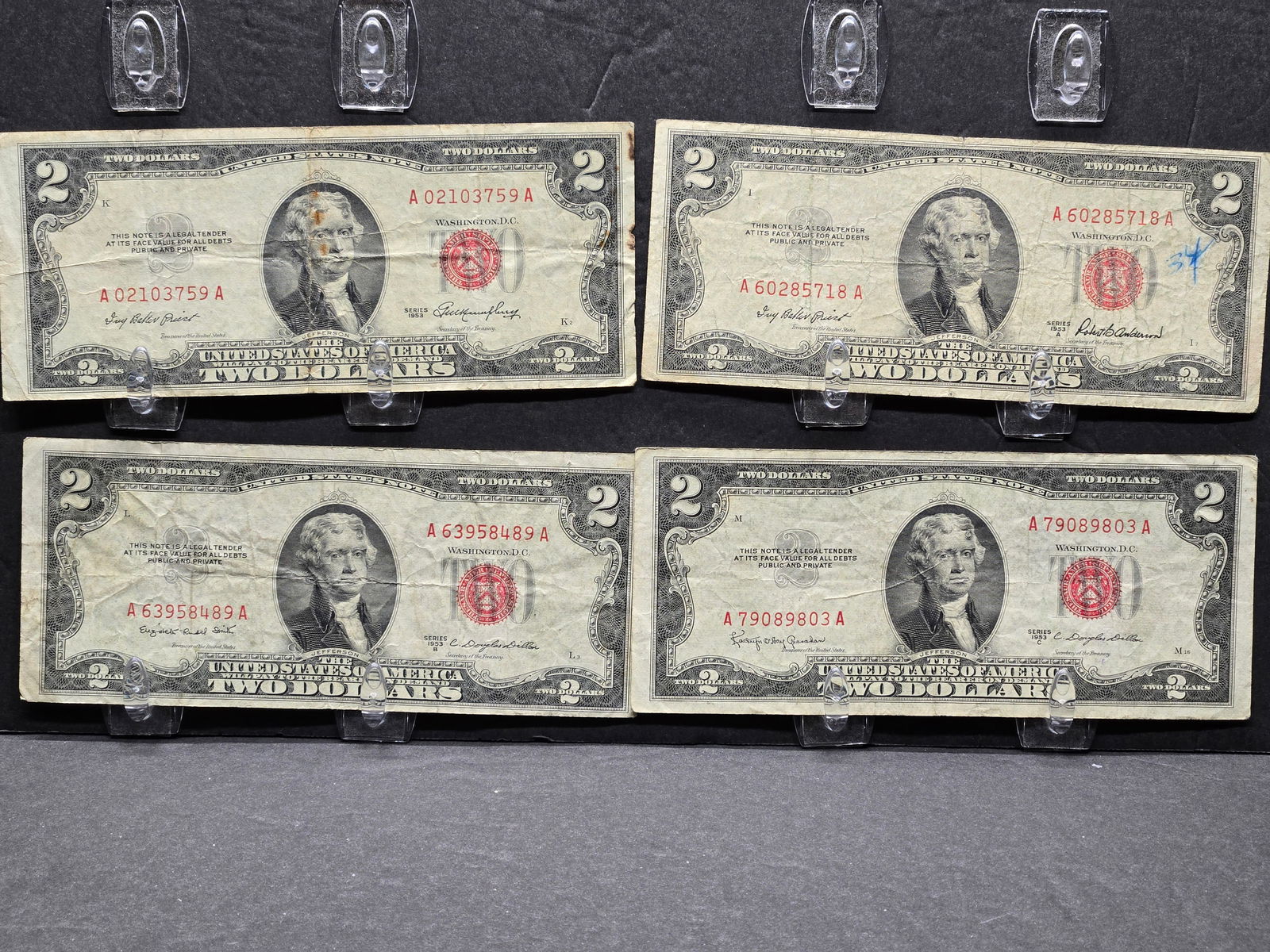 $2 US Bill Circulated Jefferson Red Seal Series 1953, 1953-A/B/C  4 Rare Bills (1 of 3)