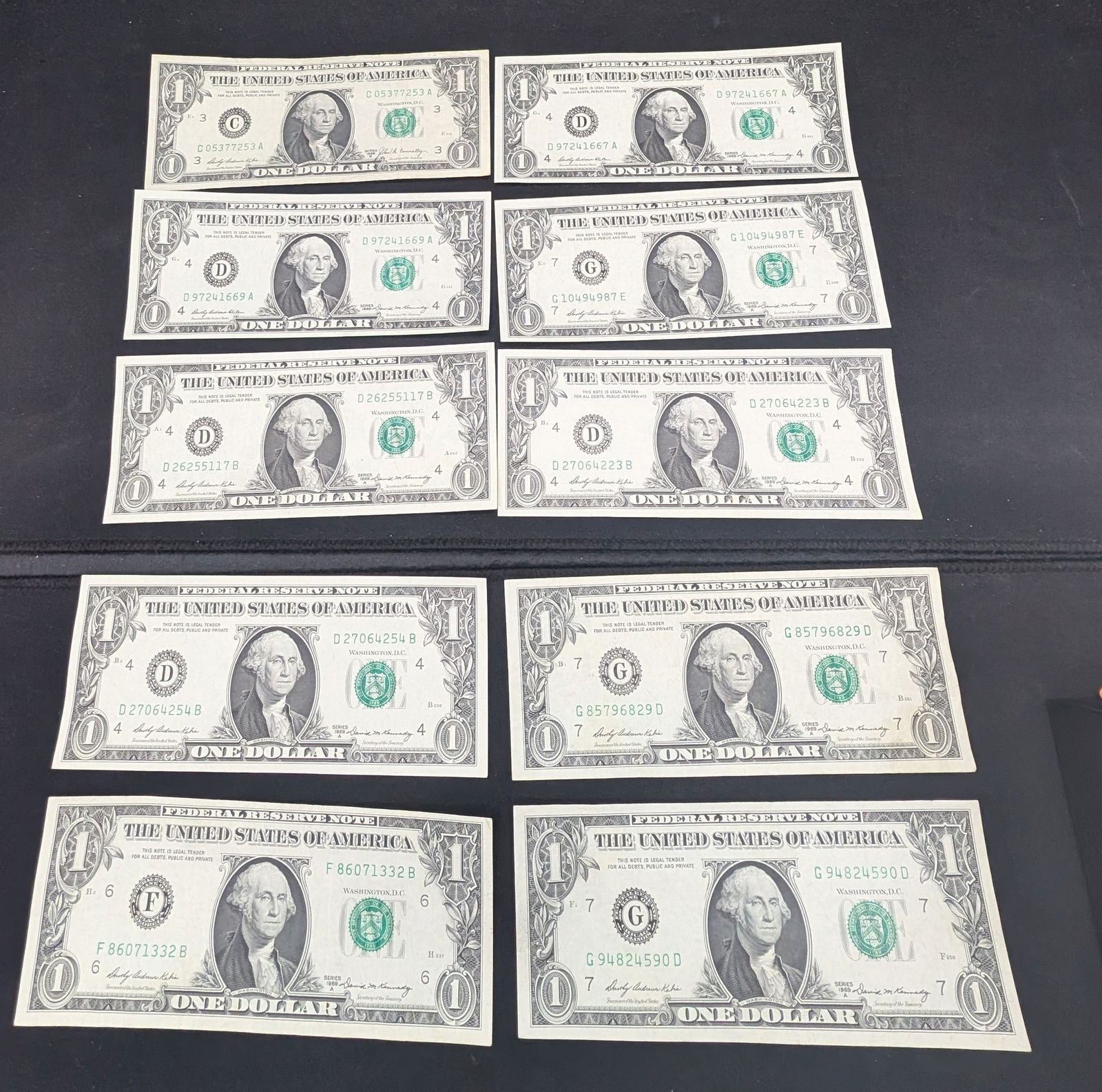 (10) FRN's $1 Bills. (7) 1969-A, (1) 1969-B, & (2) 1969. Some Off Center Errors (1 of 2)
