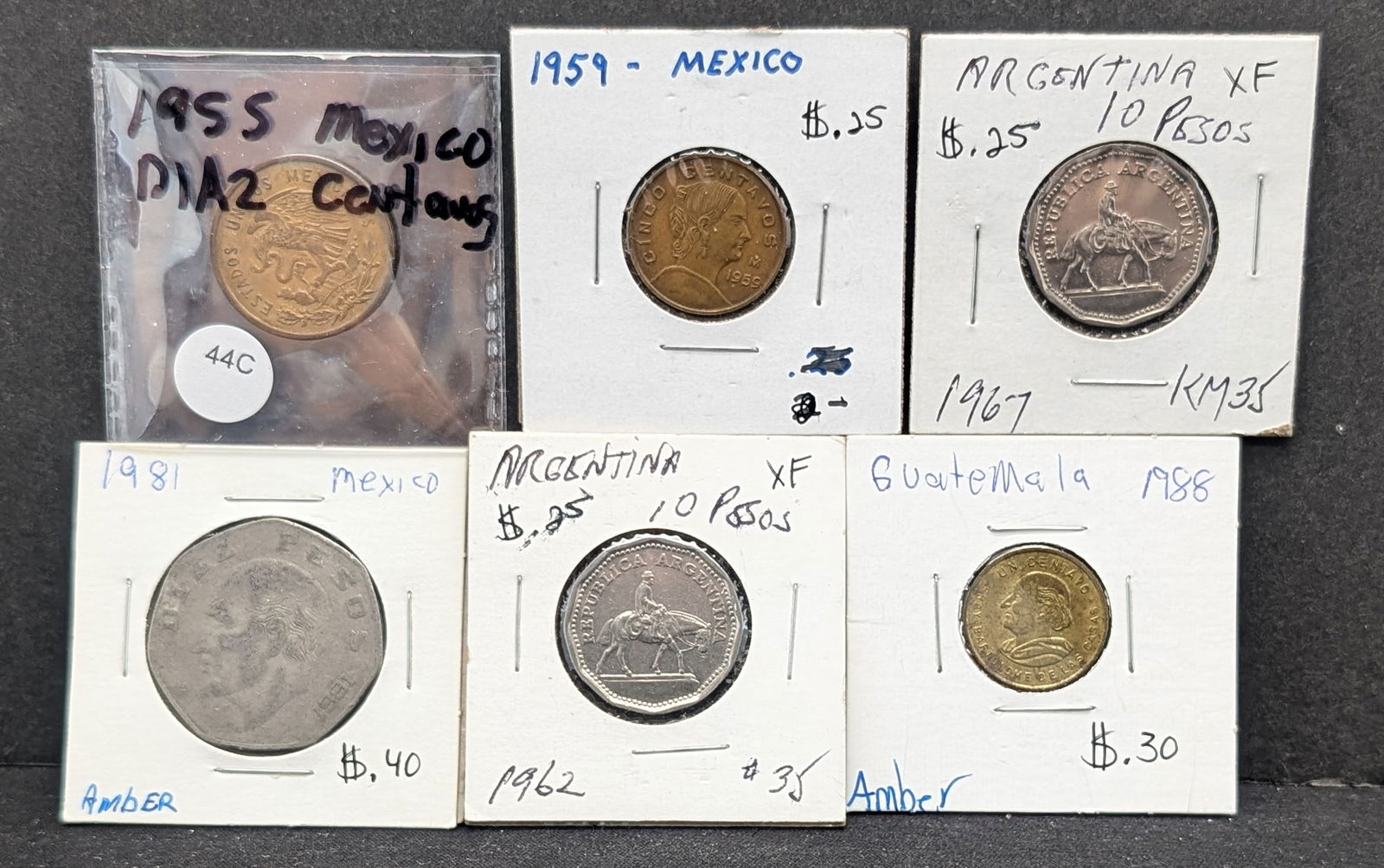 6 World Coins (1955 Mexico Diez, 1959 Mexico Cinco Centavos, 1981 Mexico Diez Pesos, 1988 Guatemala, (1 of 13)
