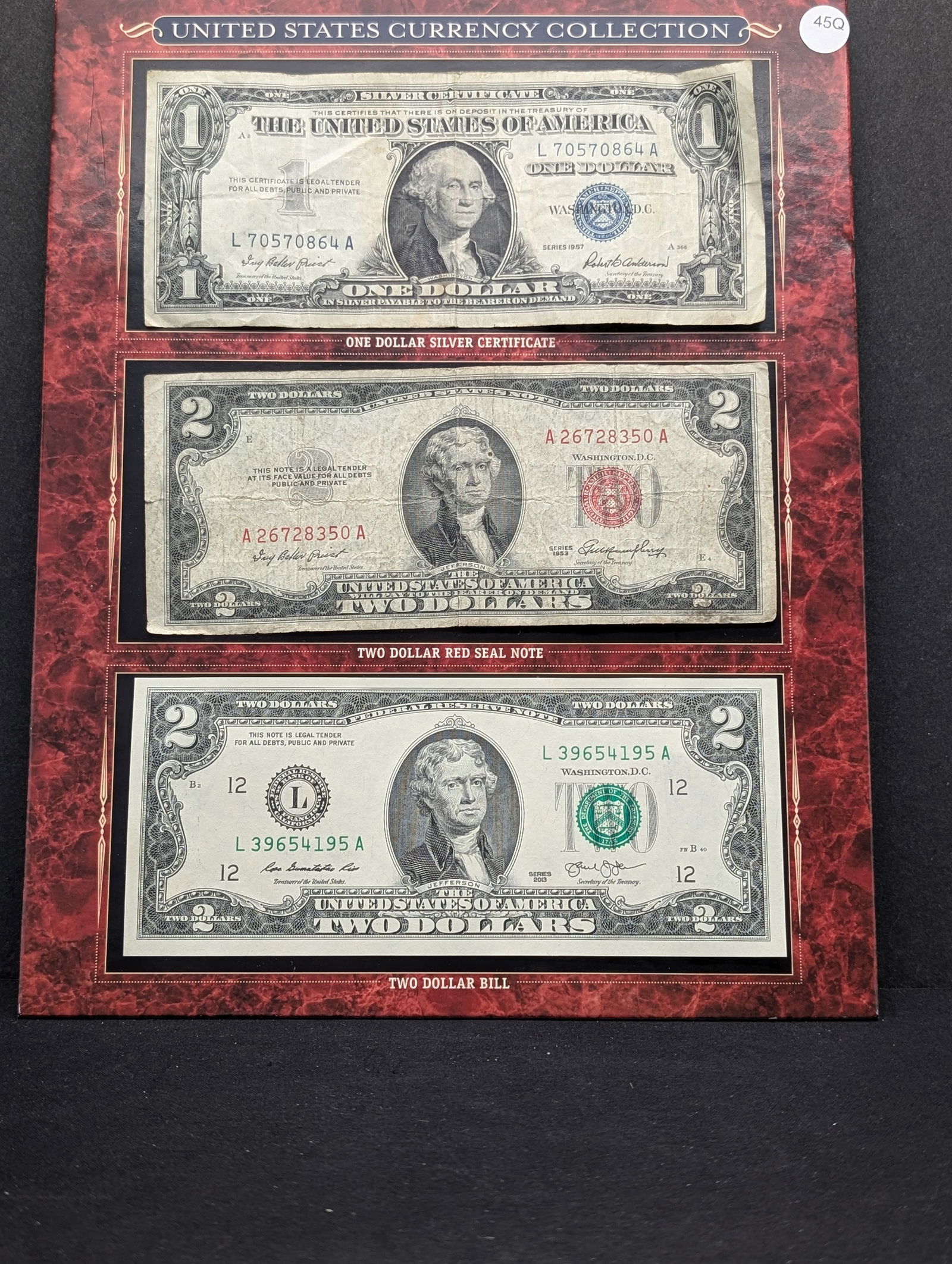 U.S. Currency Collection- 1957 $1 Silver Cert, 1953 $2 Red Seal, 2013 $2 Green Seal (1 of 5)