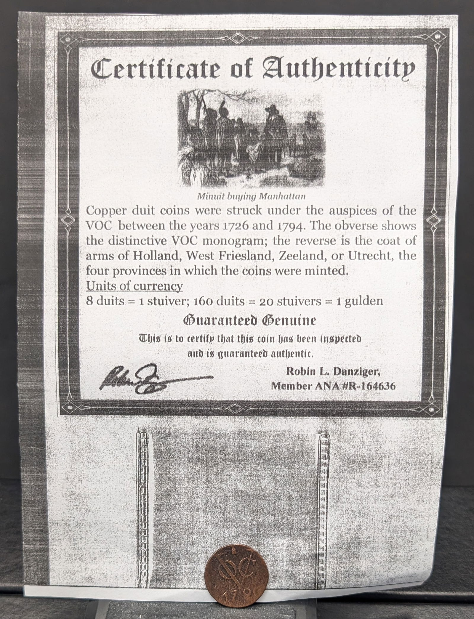 1790 (Rare this High of Grade, COA) Dutch Netherlands Colonial Duit VOC, First New York Penny, 234 (1 of 3)