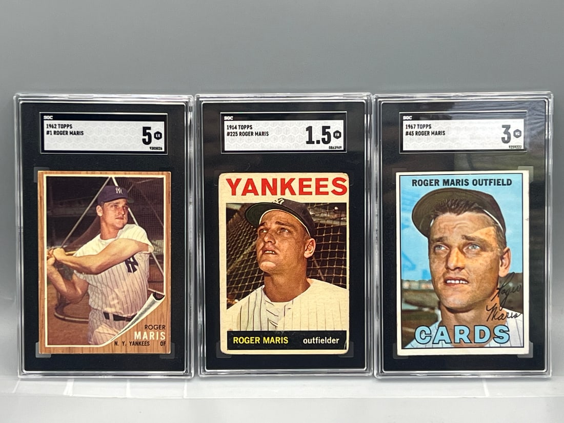 1962 Topps Roger Maris #1 SGC EX 5, 1964 Topps Roger Maris #225 SGC FR 1.5, & 1967 Topps Roger Maris (1 of 2)