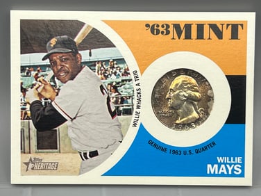 2012 Topps Heritage Willie Mays Whacks A Trio 63' Mint W/ Genuine 1963 U.S. Silver Quarter #63WM -