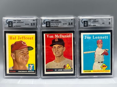 1958 Topps Hal Jeffcoat #294 GAI G-VG 2.5, Von McDaniel #65 GAI G-VG 2.5, & Joe Lonnett #64 GAI VG 3