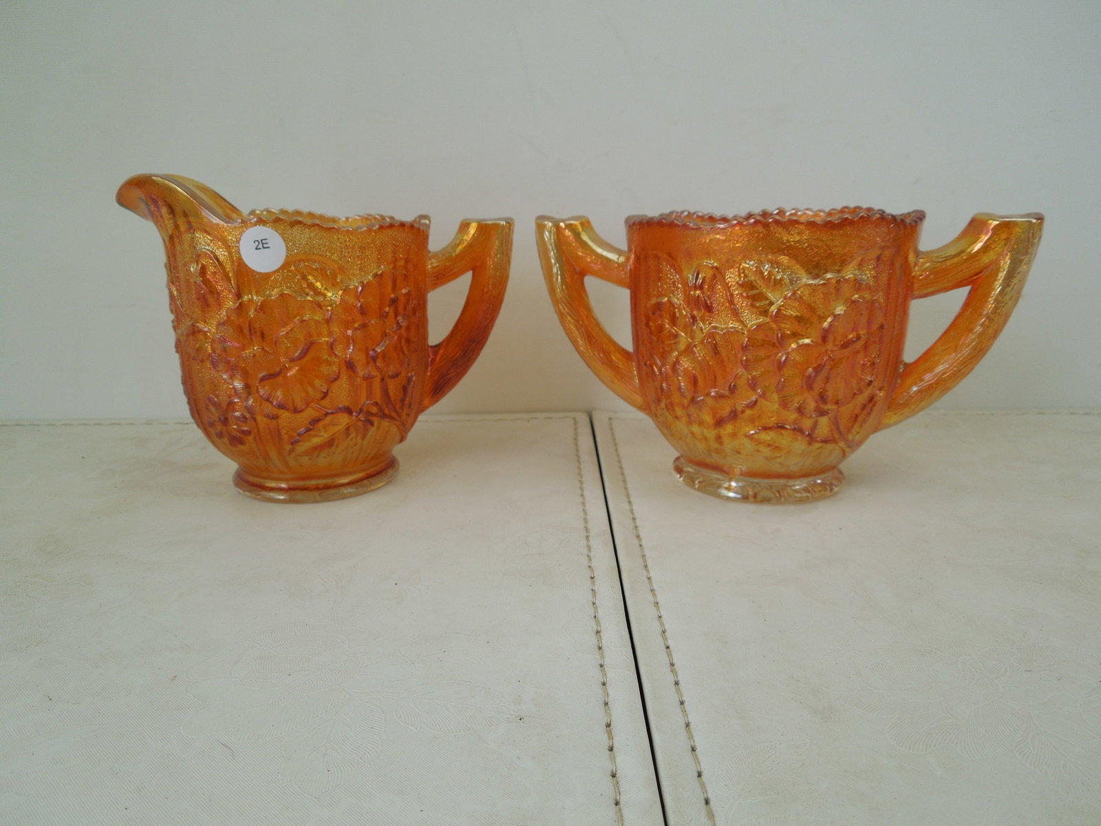 Imperial Carnival Glass Creamer & Sugar Bowl Marigold "Pansy" Pattern: Imperial Carnival Glass Creamer & Sugar Bowl Marigold "Pansy" Pattern
