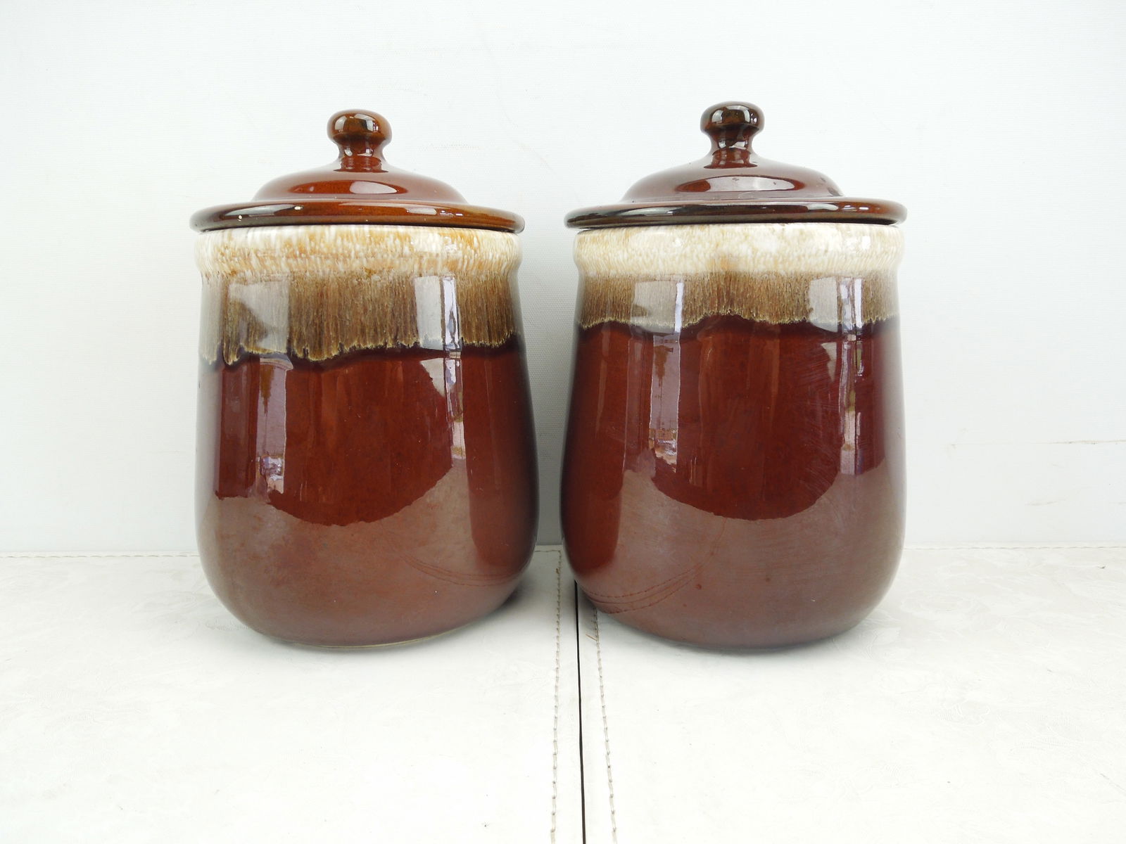 Pair of McCoy Brown Drip Ware Canisters. Chipped On Bottom (1 of 7)