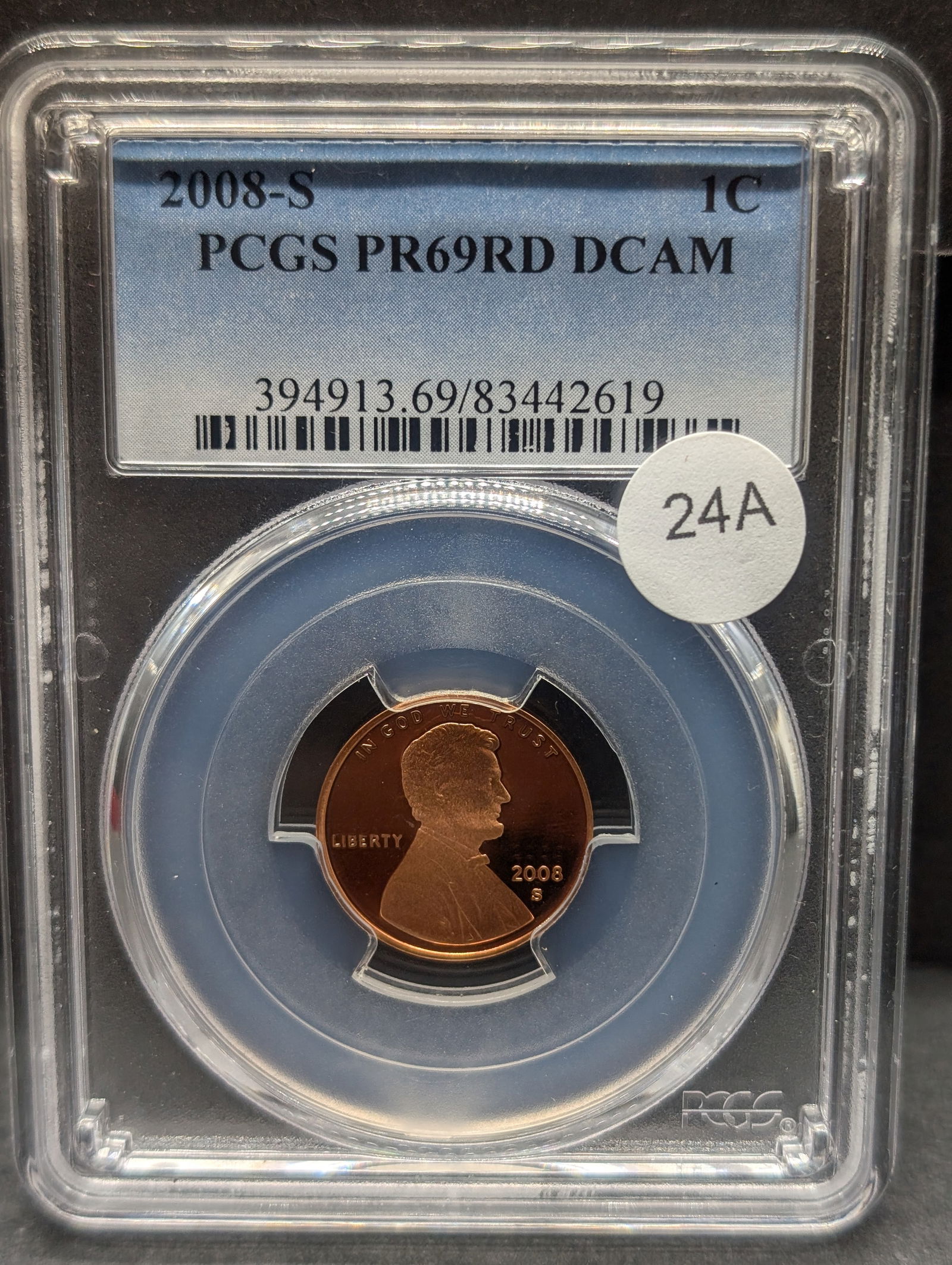 2008-S Lincoln Cent. Slabbed by PCGS, top grader, as Proof 69 Red, Deep Cameo. (1 of 3)