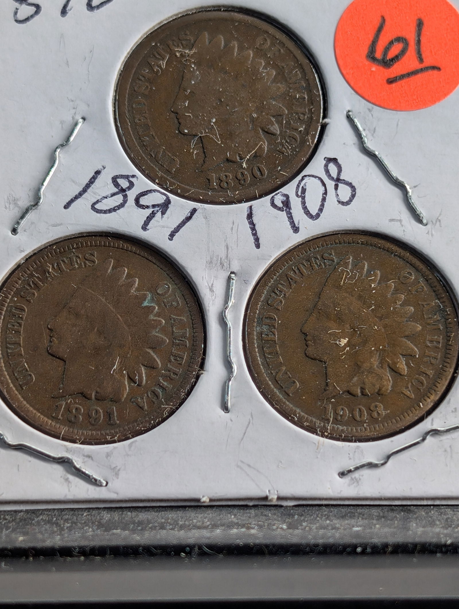 1890, 1891, 1908 Indian Head Pennies (1 of 3)