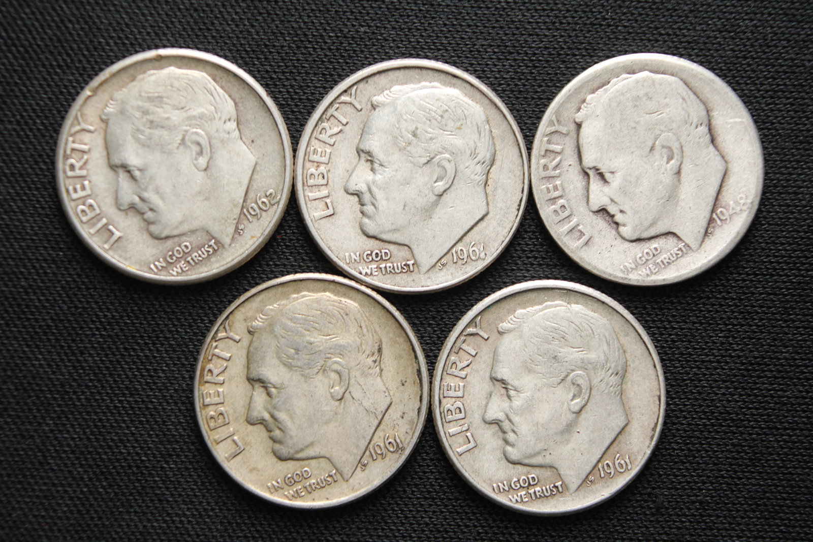 Five 90% Silver Roosevelt Dimes 1948, 1961-P, Two 1961-D's, 1962-D (1 of 2)