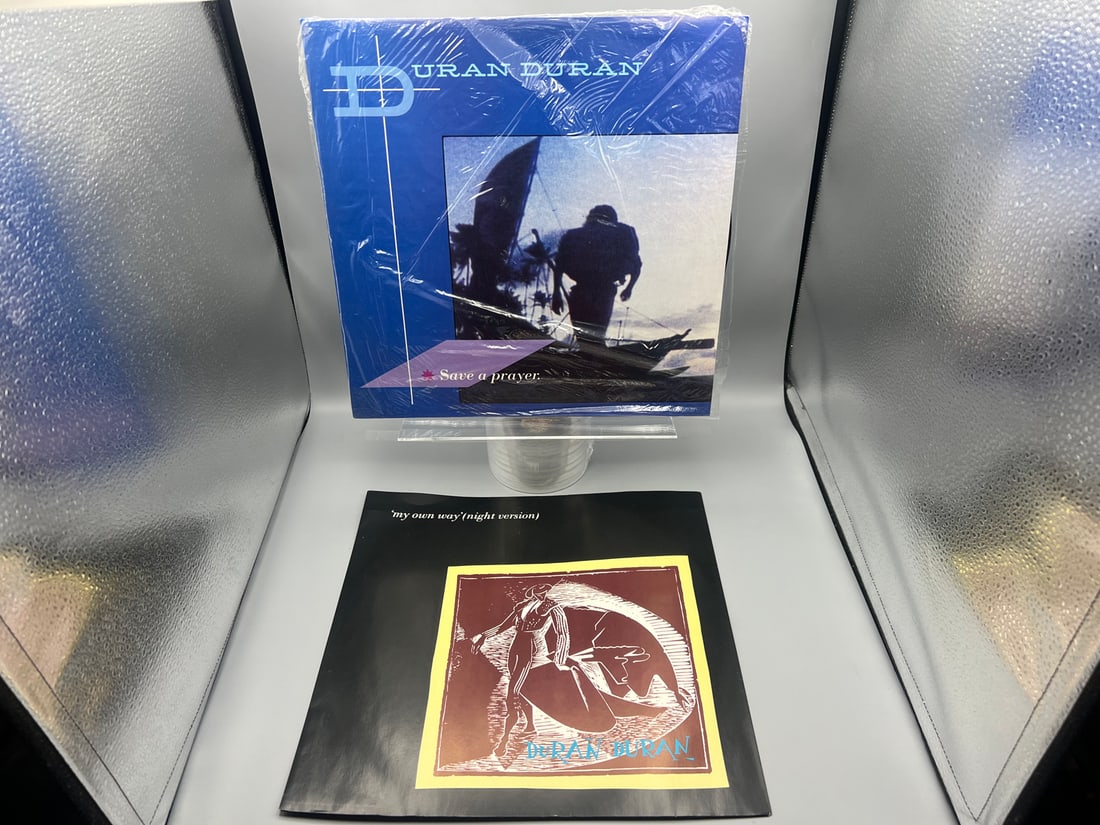 Duran Duran (Two 12-inch 45rpm lot): My Own Way (night version)/Like an Angel (1981), UK Pressing;: Duran Duran (Two 12-inch 45rpm lot): My Own Way (night version)/Like an Angel (1981), UK Pressing; and Save a Prayer/Hold Back the Rain (1982), UK Pressing, in original shrinkwrap