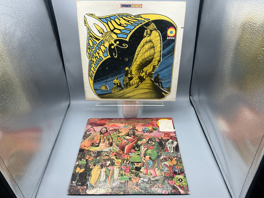 Iron Butterfly (2 LP Lot): Heavy (1969), promo notch in cover, reissue; and Iron Butterfly Live: Iron Butterfly (2 LP Lot): Heavy (1969), promo notch in cover, reissue; and Iron Butterfly Live (1970), promo label (sample copy), stickers on cover