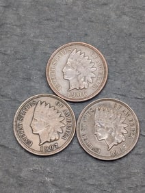 Three  **AU** Indian Head Cents 1906 & Two 1907
