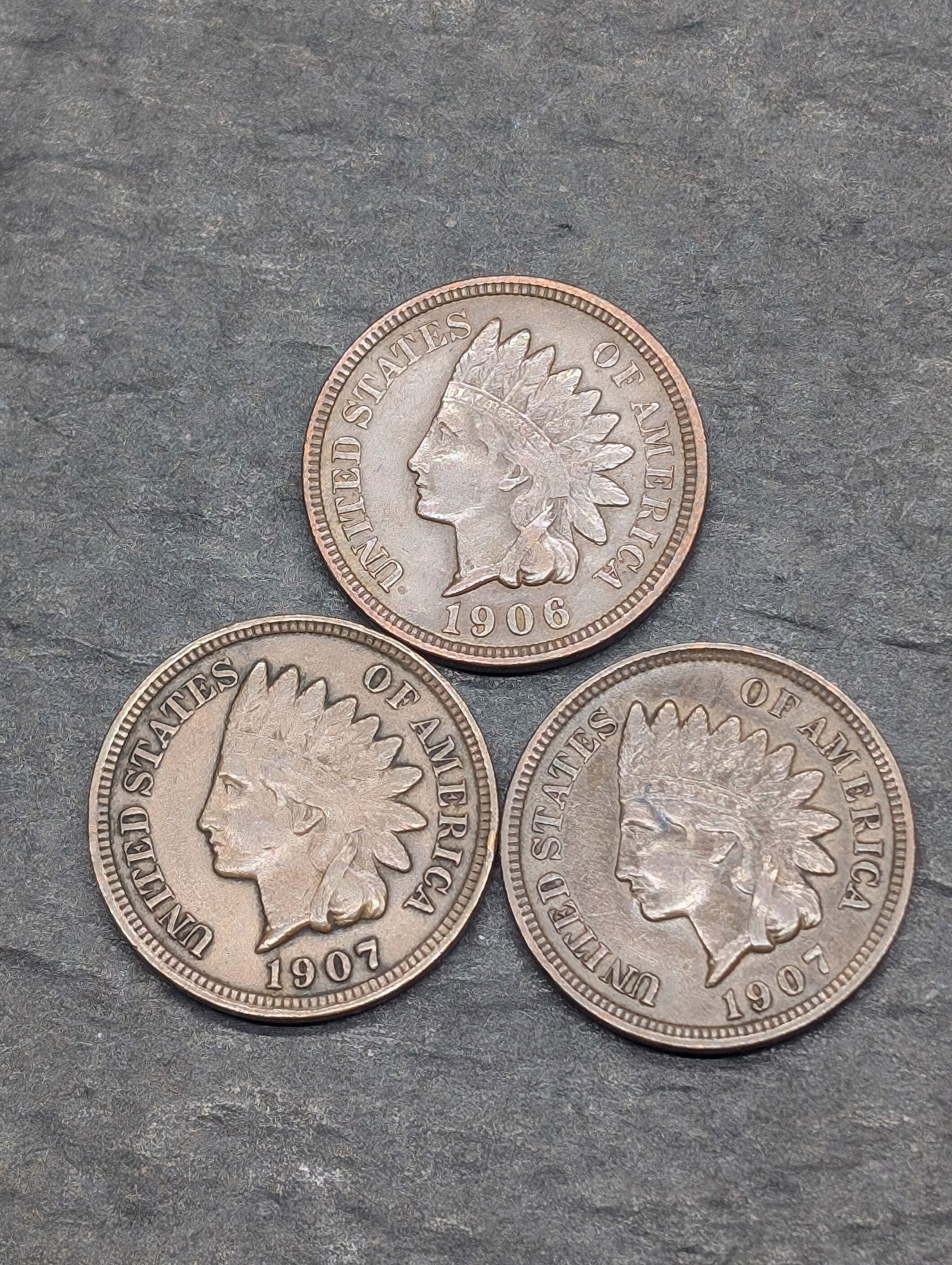 Three  **AU** Indian Head Cents 1906 & Two 1907 (1 of 2)