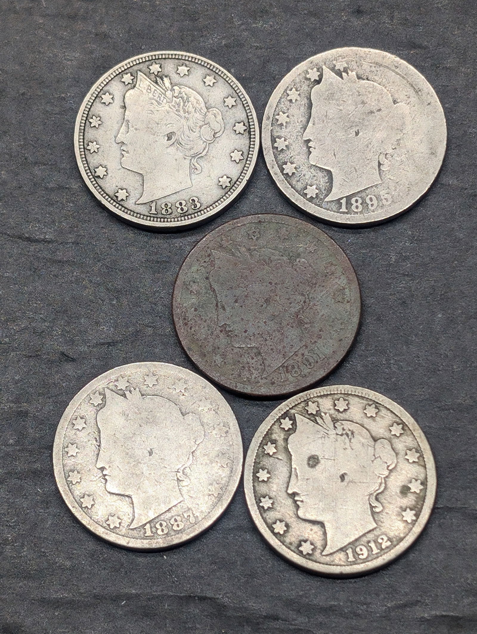 5 Better Date Liberty Head V-Nickels 1883 w/o Cents, 1895,1887, 1912-D (1 of 2)