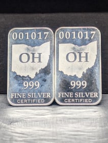 1/2 Oz. Each .999 FINE SILVER State of Ohio Designed Art Bars (2 PCS)