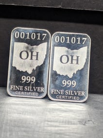 1/2 Oz. Each .999 FINE SILVER State of Ohio Designed Art Bars (2 PCS)