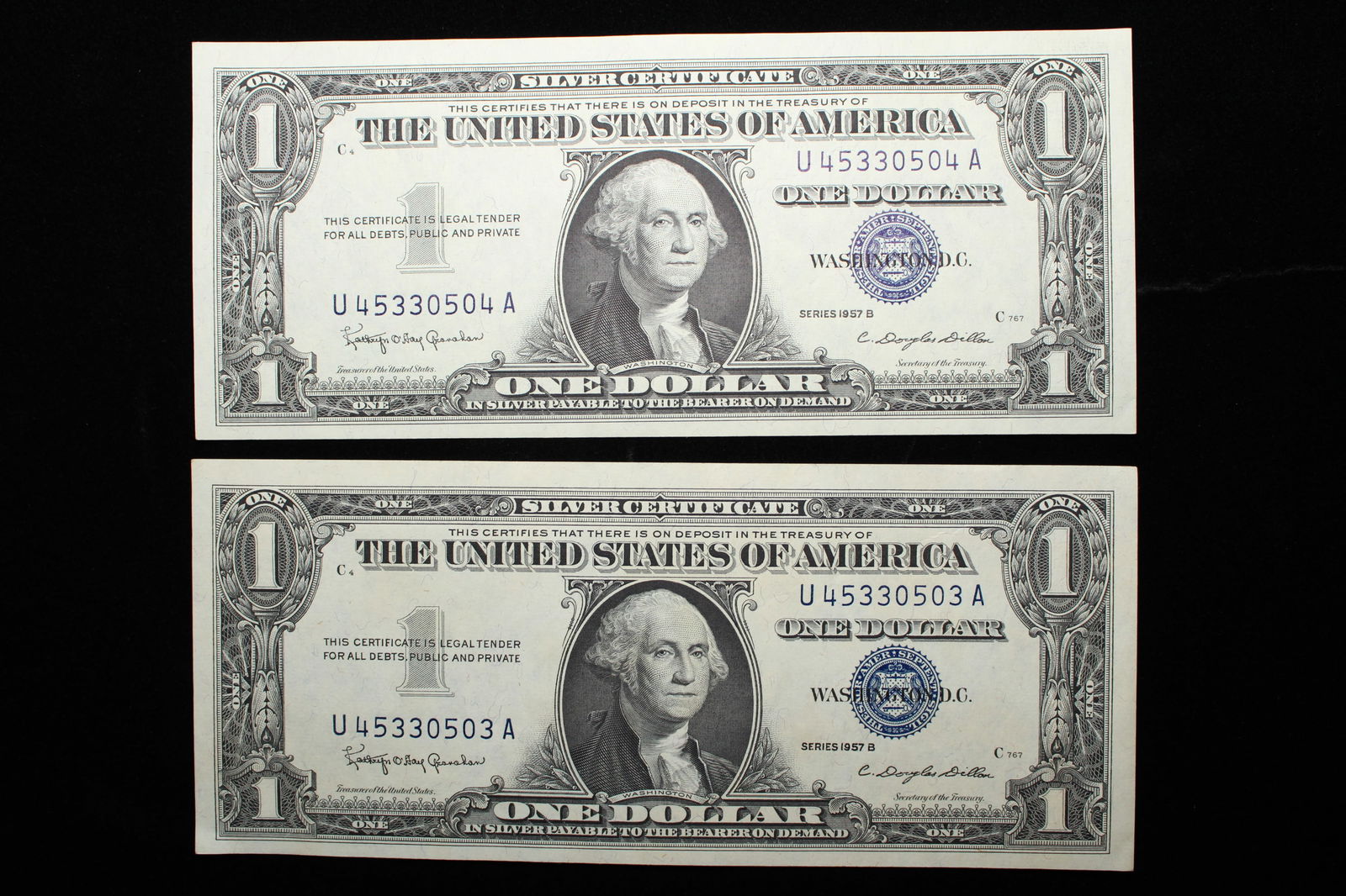 2- CONSECUTIVE SN 1957-B Blue Seal $1 Sivler Certificates. GEM CRISP UNC. TOUGH SEQUENTIAL SN (1 of 2)