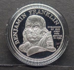 Benjamin Franklin Firefighters Proof Silver Medal Issued By The United States Mint With OGP & COA.