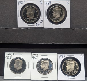 (5 coins) l987, l989, l990, l991, l992 -S Proof Kennedy Half Dollars
