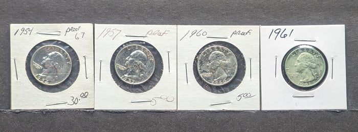 (4 coins) 1954, 1957, l960, 1961 Proof Washington Quarters