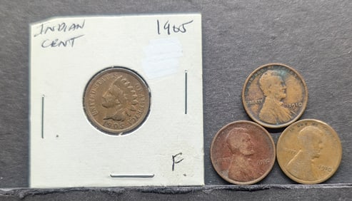 (3) 1910 Lincoln Cents & (1) 1905 Indian Cent