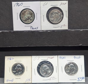 ( 5 coins) 1960, 1961, l962, l963, l964 Proof Washington Quarters