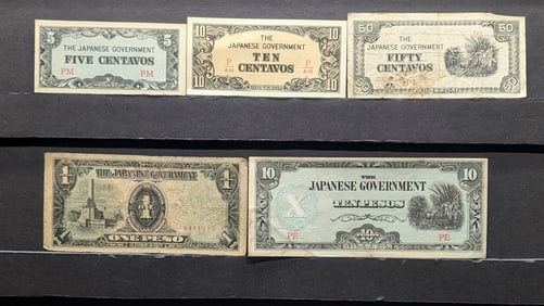 1943 Japan 5, 10, 50 Centavos And 1, 10 Pesos Philippines WWII Military Invasion Currency. 5 Notes.