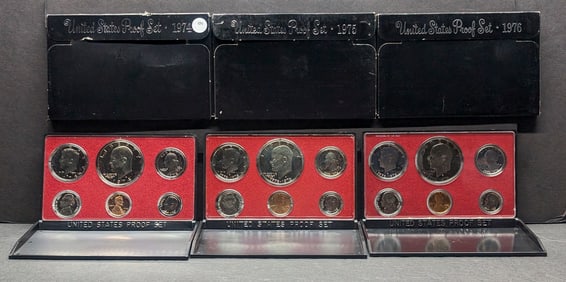 1974-S, 1975-S, 1976-S United States Proof Sets With Original Gov't Packaging. 18 Coins.