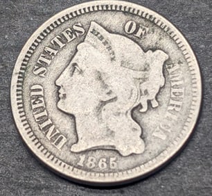 1865 United States 3 Cent Nickel. Vintage Type Coin.