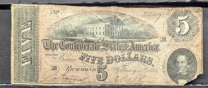 1864 $5 Confederate States Of America Bearer Note. Capitol Of Confederacy, Bust Of C G Memminger,