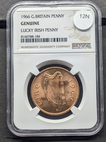 1966 Brilliant Uncirculated Lucky Irish Penny Certified By NGC: OBV: Harp, REV: Hen.