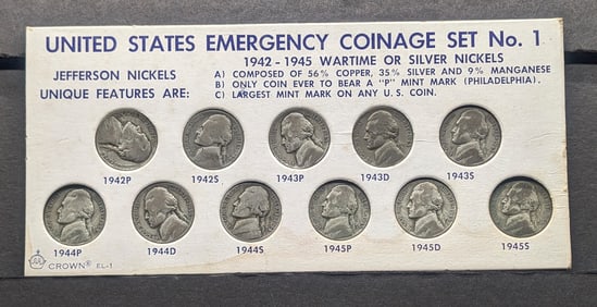 1942-1945P,D, & S 11-Coin Wartime 35% Silver Nickels Set.