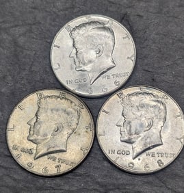 (3) 1966, 1967, 1968-D 40% Silver Kennedy Half Dollars