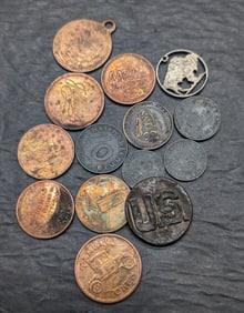 Lot of 14 Items: 1 WWII Era U.S. Collar Device, Assorted German Coins, and Miscellaneous Tokens