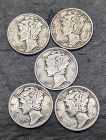 1940-S, 1942-S, 1943-P, & (2) 1943-S Mercury Dimes